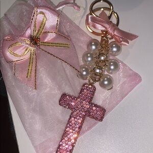 Crystal Cross purse/bag charm Keychain w/ pearls
